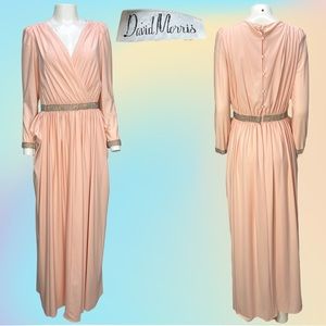 VTG 70’s/80’s Peach David Morris draped V neck gown w/ beaded embellishments 10